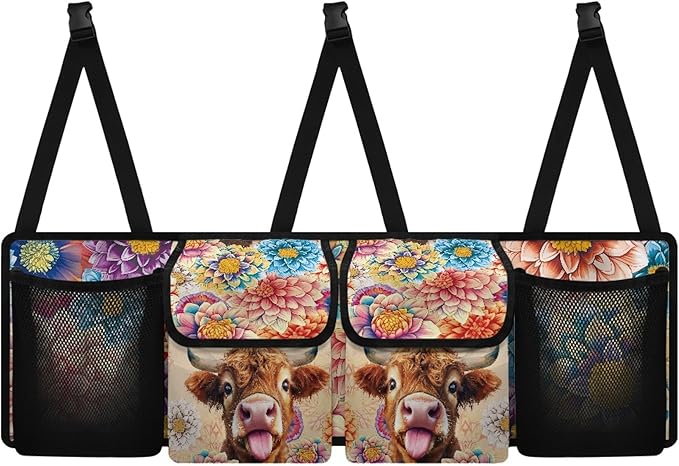 Highland Cow Print Car Trunk Organizer Hanging Car Organizer Back Seat, Hippie Flower Oxford Cloth Seat Back Storage Bag, Will Provide More Space for SUV, Trucks, Van, Sedan