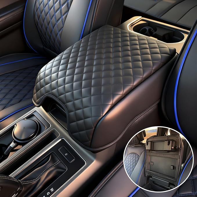 Center Console Cover Compatible with 2015-2020 Ford F150 / 2017-2022 F250 F350 F450 and 2018-2024 Expedition Accessories, Customized PU Leather Armrest Cover Protector (Bucket Seat Only)