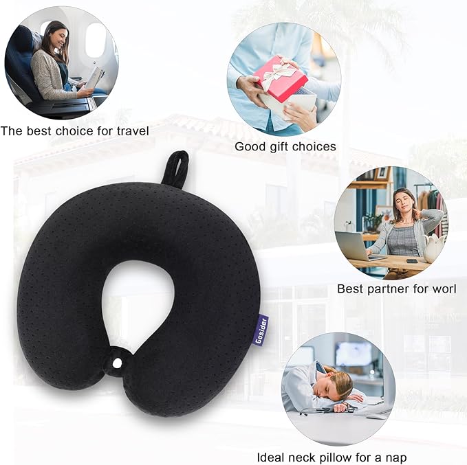 Black Travel Neck Pillow Memory Foam Airplane Pillow for Neck and Head Support Soft Portable U Shape Neck Pillow for Plane, Car & Home Office Use