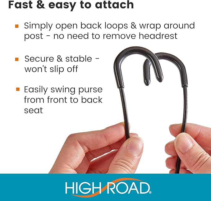 High Road Metal Car Hooks for Purses and Bags - Unbreakable Headrest Car Hooks for Large Purse Straps and Heavy Bags up to 40 lbs - Secure Attachment Loops Fit All Headrest Posts (Triple Hook 2-Pack)