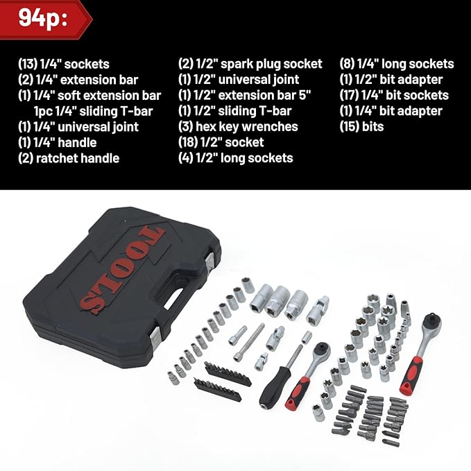 Hantinstom Ultimate Sockets Set Comprehensive Hand Tool Set Perfect for Home Essentials College Dorm Car Emergency Kit Ideal Apartment Essentials & Men’s Tools Gift (94pcs)