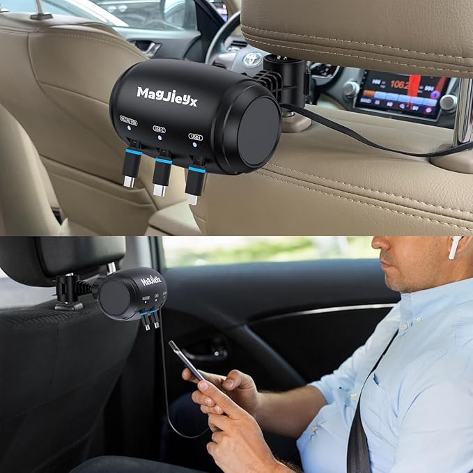 MAGJIEYX for Retractable Car Charging Station Box, 3 in 1 Headrest Fast Power Charging Dock Cord USB Type C Fits iPhone 17/16/15/14/iPad/Android/Samsung|Uber Lyft Backseat Passengers Share Rid