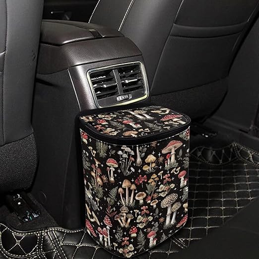 Forest Mushroom Car Trash Can with Lid, Cute Leakproof Car Trash Garbage Bag Hanging Vehicle Trash Bin Small Portable Automotive Garbage Cans Organizer for Back/Front Seat/Console