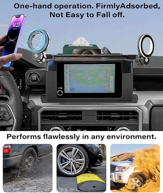 Car Phone Holder for Toyota Tacoma 2024 2025 2026 Accessories Magnetic Cell Phone Mount Apply to 8 Inch Screen Fixed Clip Hands-Free 360 Degree Rotation with Dashboard Storage Tray