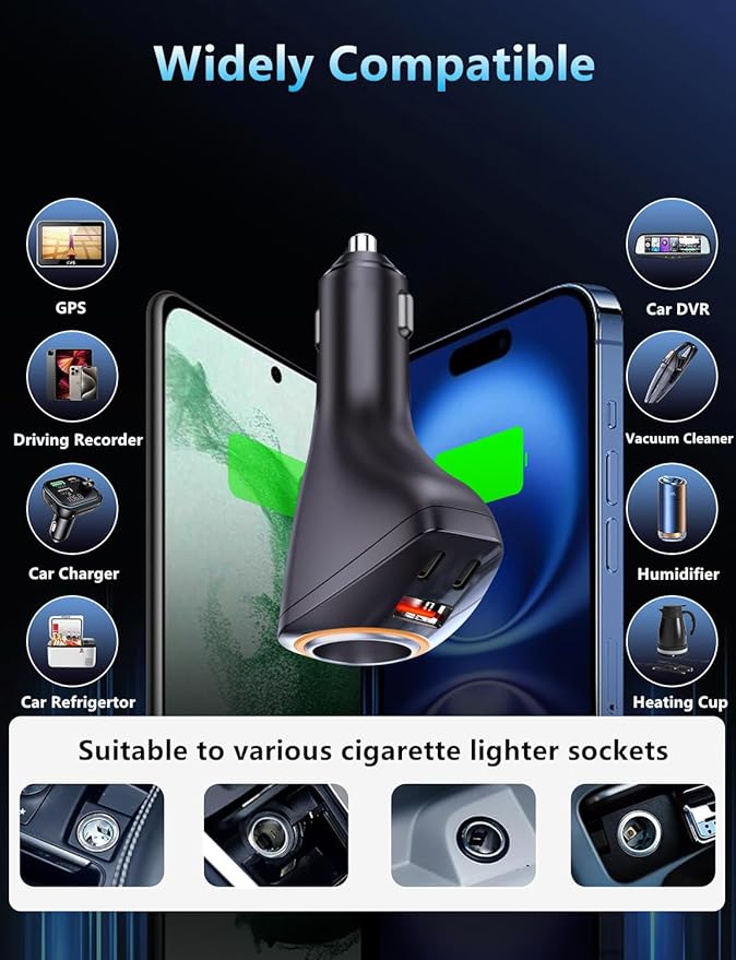 4 in 1 USB C Car Charger, 170W Multi USB Cigarette Lighter Adapter, Socket Splitter with 3 Ports, 12V/24V Dual USB Type C PD Fast Car Charger Adapter for iPhone 17/Air/16/15 Pro Max iPad GPS
