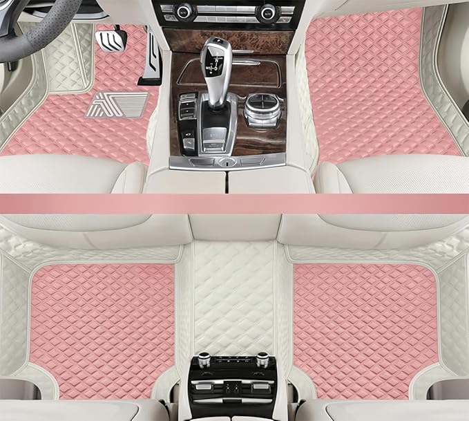 Custom Making Car Floor Mats for 98% Sedan SUV Car Protection Full Coverage Mats Anti-Slip Leather Floor Liners All Weather Car Floor Mats (White+Sakura Pink)