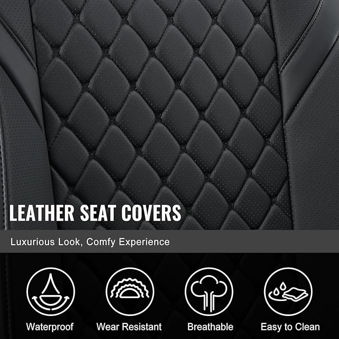Auto Car Seat Covers Full Set Leather Cushion Protector Breathable Waterproof Seat Cover for Cars Universal Fit (Black, Full Set Without Headrest)