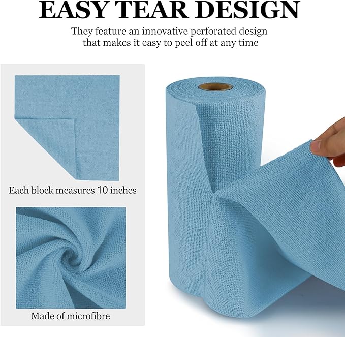 wuyaoyao 50PCS Microfiber Cleaning Cloth Roll, 10"×10" Tear Away Microfiber Towels, Reusable Washable Cloth Paper Towels, Multi-Purpose Cleaning Rags for Car Home Kitchen Garage Shop (Blue)