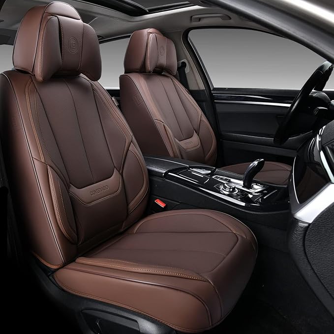 Coverado Front and Back Seat Covers, 5 Pieces Waterproof Nappa Leather Auto Seat Protectors Full Set with Head Pillow, Universal Car Accessories Fit for Most Sedans SUV Pick-up Truck, Brown