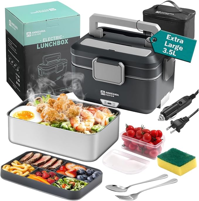 Annie & Mia Design Electric Lunch Box for Adults, 100w 3.5L 2-Layer Portable Food Warmer, Dual Mode 2.5L + 1L Heated Lunch Box for Adults, Home/Car/Office/Truck Use, Lonchera Eléctrica Portátil