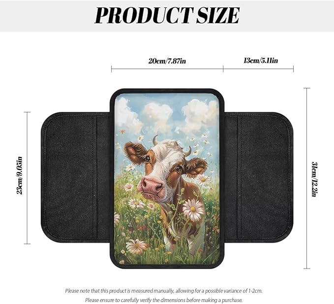 Cow Floral Grass Pattern Car Center Console Cover Anti-Slip Auto Box Cover Protector Lightweight Vehicle Armrest Cover Pad Universal Fit for Most Cars Sedan Truck SUV