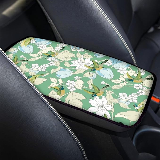 Coldinair Green Hummingbird Floral Car Armrest Cover,Auto Center Console Pad,Soft Seat Cover Protector Cushion,Car Accessories Decor for Most Cars,Sedan,Truck,SUV