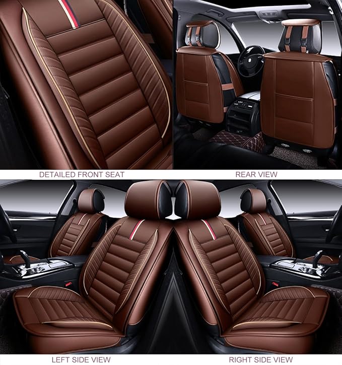 OASIS AUTO Car Seat Covers Front Seats Premium Waterproof Faux Leather Cushion Universal Accessories Fit SUV Truck Sedan Automotive Vehicle Auto Interior Protector (OS-001 Brown)