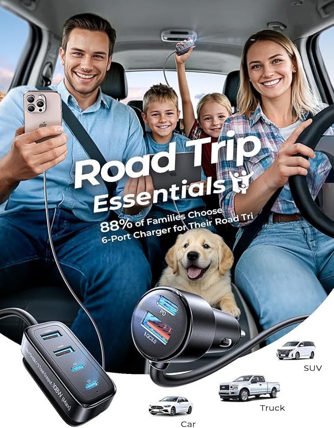AINOPE 108W Multiple Ports Car Charger, Road Trip Essentials for Kids,Travel Essentials for Long Trips,6-Port USB C Cigarette Lighter Adapter Fast Charging for iPhone 17 16 15[+5FT Cable]Mother‘s Day