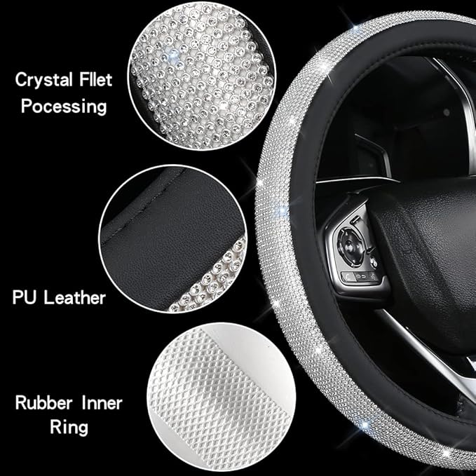 Bling Diamond Leather Steering Wheel Cover, Pink Steering Wheel Covers for Women Girls with Crystal Rhinestones, Universal Fit 14.5-15 Inch Car Steering Wheel Bling Cover Accessories
