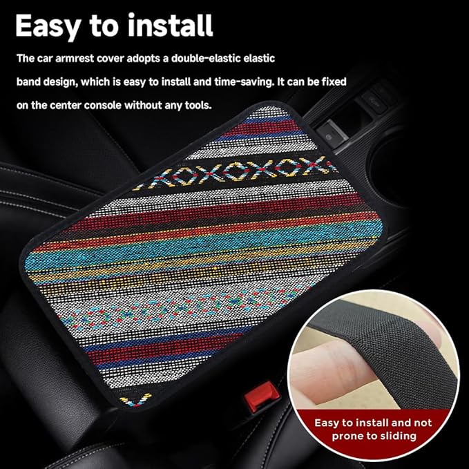 Bohemian Universal Armrest Cover Pad, Car Center Console Cushion, Boho Ethnic Style Auto Armrest Decorative Pad with Elastic Straps, Car Arm Rest Cover Protector for Vehicles (Armrest Cover-A)