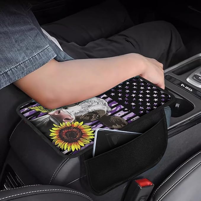 Cow Sunflower Flag Pattern Car Armrest Cover Soft Middle Console Cover Washable Automobile Center Console Pad Armrest Seat Box Cover Protector with Pockets Storage Bag
