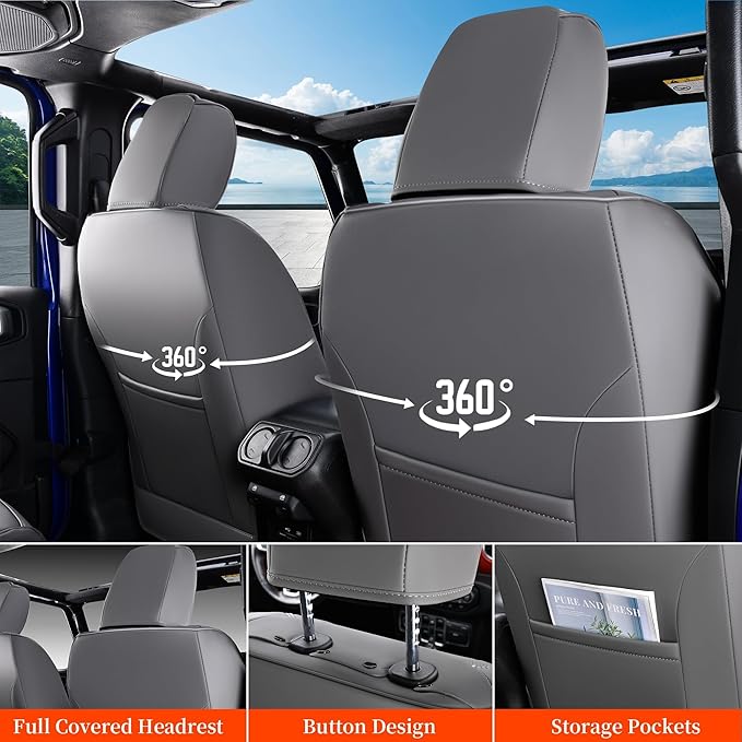 Coverado JK Seat Covers 4 Door Fullset for Jeep Wrangler, Waterproof Leather Car Seat Protector for Truck Automotive Seat Custions Custom Fit for 2013-2017 Jeep Wrangler Full Coverage(Gray)