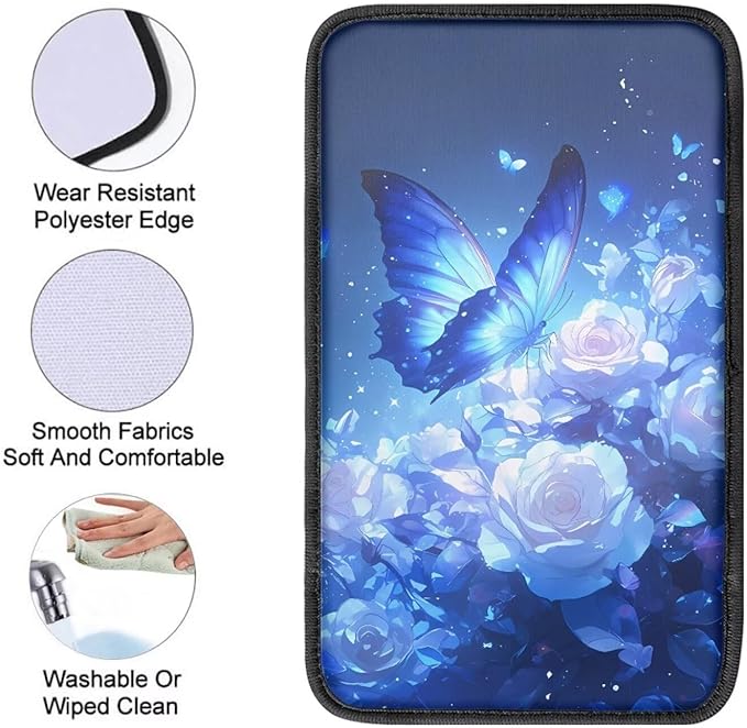 Blue Flower Butterfly Universal Center Console Armrest Soft Pad Protector Cover Non Slip Fits for Most Vehicle,SUV,Truck Car Christmas Decoration