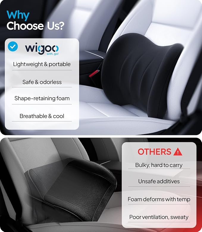 Wigoo 2026 Lumbar Support Pillow for Car [Ergonomic Design, Pressure Relief] Back Cushion for Driving Seat, Back Support Pillow for Car-Office Chair, Fits All Vehicles (Black 2-Pack)
