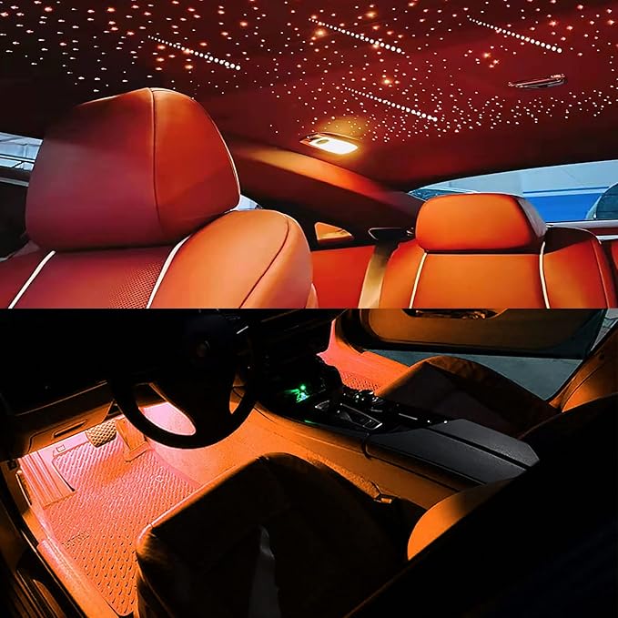 AKEPO 3in1 Meteor APP Fiber Optic Lights Kit, Music Sync Activated Under Dash Car LED Interior Lights and RGBW Headliner Light+ Optical Fiber Cable 375pcs Mixed Diameter in 9.8ft/3m + 28key RF Remote