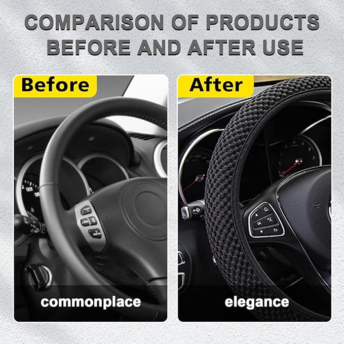 Kewucn Car Elastic Stretch Steering Wheel Cover, Soft Microfiber Breathable Ice Silk, Universal 15 Inch Anti-Slip Auto Steering Wheel Protector, Fit Car, SUV, Van, Sedan, Truck (Black)