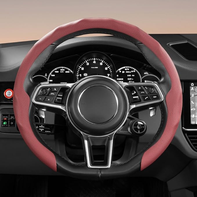 Universal 15 Inch Premium Nappa Leather Steering Wheel Cover - Non-Slip, Soft Comfortable Grip, Easy Install for Most Cars (Volcanic red)