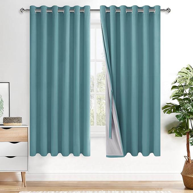 XWZO 100% Blackout Curtains - Thermal Insulated Black Liner Curtains, Noise Reducing and Heat Blocking Drapes for Hall and Studio Windows with Tiebacks, Stone Blue, W70 x L63, Set of 2
