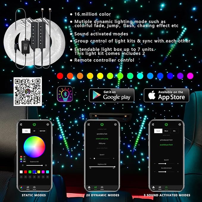 AKEPO MIni Size 6-Hole 3.2W RGB Multiple Color Chasing Fiber Optic Light Kit, 9.8ft APP Control 720pcs*0.75mm/0.03in Optical Fiber Mixed Color Timer Function Car Home Use Starlight Headliner Light