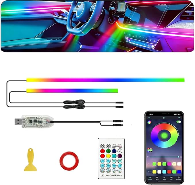 Acrylic Interior Car LED Strip Light with APP Remote Control,57in 2 in 1 USB RGB Dreamcolor Neon Flexible Strip Fiber Optic LED Ambient Lighting Kits,RGB Music Lights Sync for Inside car Decorations