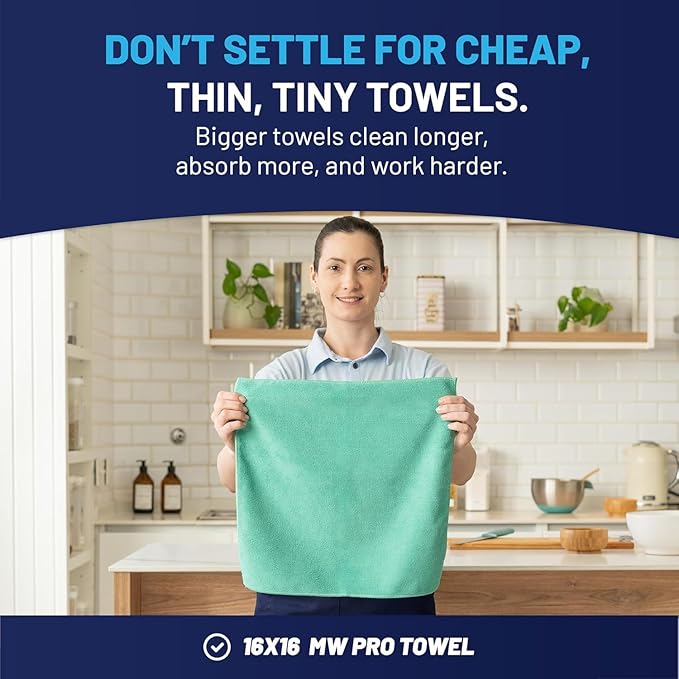 MW PRO Microfiber Cleaning Cloths (12 Pack, 12"x12", Green) - Commercial Grade Housekeeping Towels & Janitorial Rags - Lint Free & Streak Free for Windows, Glass & Auto Detailing - Washable 300+ Times