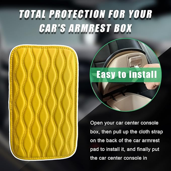 Car Center Console Pad, Waterproof Auto Armrest Seat Box Cover, PU Leather Arm Rest Protector Cushion Pad, Universal Vehicle Interior Protection Accessories for Car SUV (Yellow)