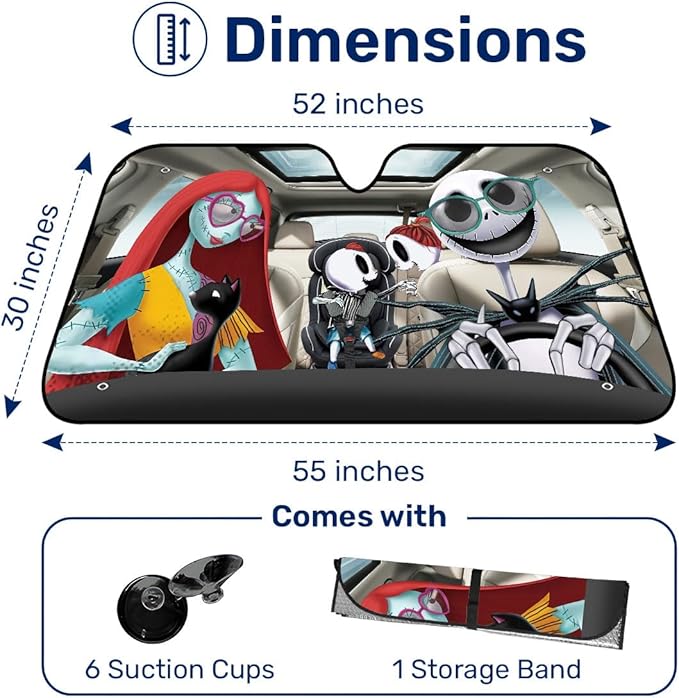 GENANY Horror Nightmare Skellington Windshield Sun Shade for Car SUV Truck (55x30 inches), Sun Shade Windshield, Shades for Front Windows, Protector Blocks UV, Car Decor