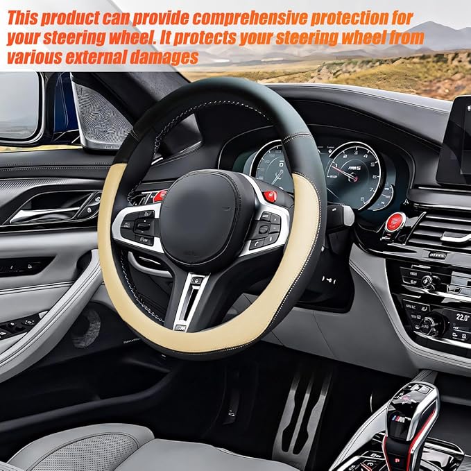 Car Steering Wheel Cover, 15 Inch Leather Anti-Slip Breathable Vehicle Steering Wheel Protecter with Comfortable Feel, Automotive Interior Accessories, Universal for SUV Sedan Truck (Beige)