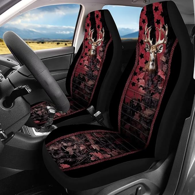 KEIAHUAN Universal Front and Bench Seat Covers American Flag Camo Deer Hunting Car Seat Cover Auto Accessories for Most Sedans,SUVs,Truck,Vans