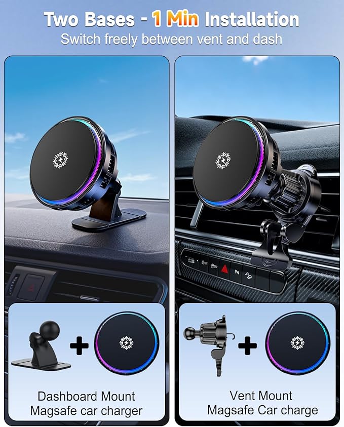 2026 Upgraded TEC and Fan Dual Cooling Magnetic Wireless Car Charger, For 15W Magsafe Car Charger Mount, RGB, Air Vent/Dashboard Fast Wireless Charging Car Phone Holder for iPhone 17/16/15/14/13/12