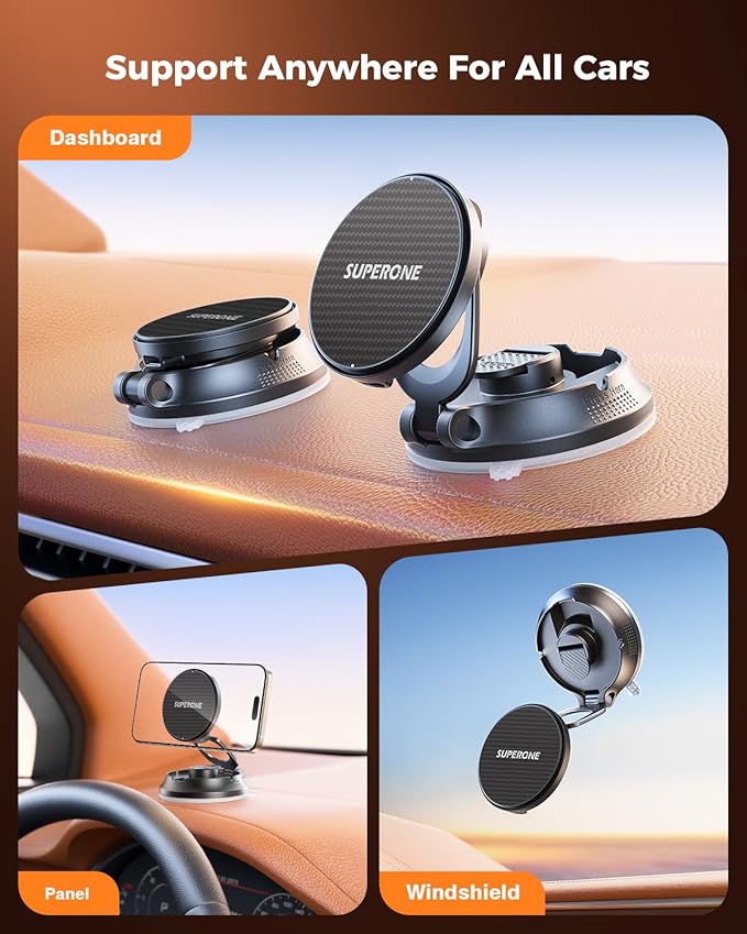 SUPERONE for MagSafe Car Mount Charger, 15W Fast Charging Magnetic Wireless Car Charger [88+LBS Ultra Suction & 2800gf Strong Magnetic] 360° Vacuum Magnetic Phone Holder for iPhone