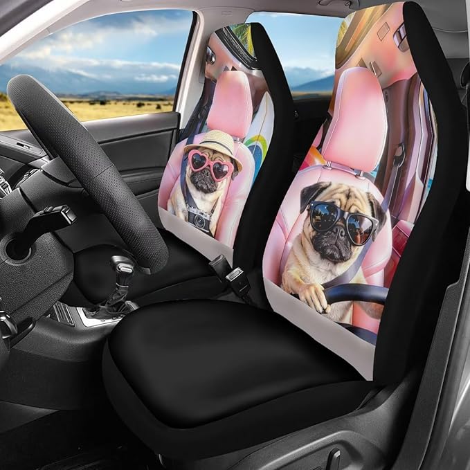 Pug Car Front Seat Covers 2 Pcs Stretch Polyester Fabric Cover Funny Car Seat Covers Protector Anti-Slip Protection Interior Accessories for Most Cars Sedans and SUVs