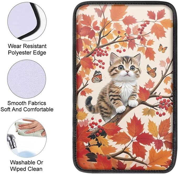 Maple Leaves Cat Soft Armrest Seat Box Cover Car Armrest Cushion Car Decor Protective Car Accessories Universal Fit for Most Cars, Vehicles, SUVs