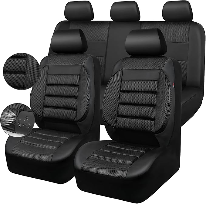 CAR PASS Breatherable Air Mesh Car Seat Covers Full Set, 3D Foam Back Support Automotive Seat Covers, All Season Car Seat Cover Fit Automotive,SUV,Sedan,Van, Airbag Compatible (Black)