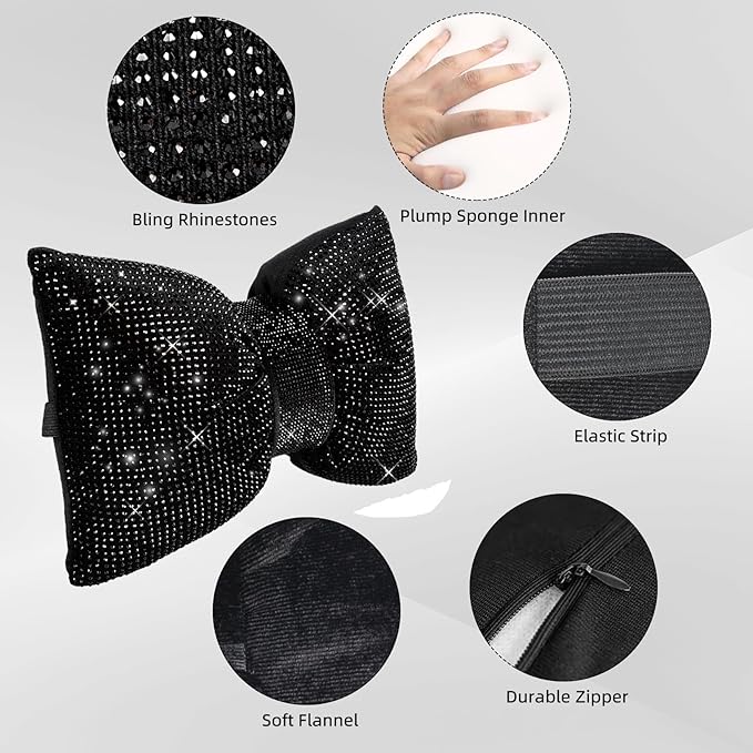 2 PCS Bling Car Pillows,Rhinestones Bowknot Car Headrest Pillow,Car Neck Pillow for Driver Relax Necksupport,Sleeping Travel Support Neck Pillow,Shiny Diamond Interior Accessories for Women,Black