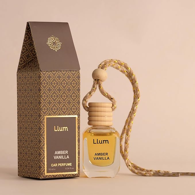 Llum Amber Vanilla Hanging Car Air Freshener – Luxury Automotive Perfume Diffuser 10ml (0.34 fl oz), Long-Lasting Fragrance, Alcohol-Free Non-Toxic Car Scent, Glass Bottle With Wood Cap & AC Vent Clip
