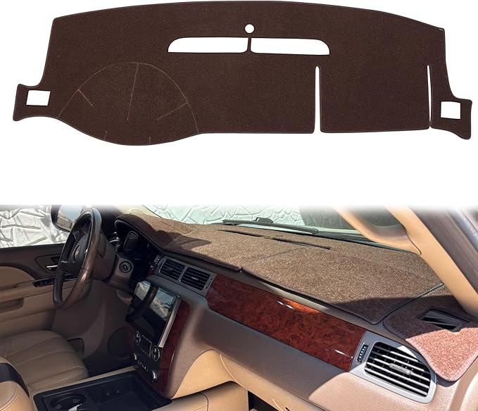 Dash Cover Mat Fit for 2007-2014 Chevy Tahoe Avalanche Suburban GMC Yukon/2007-2013 Silverado LTZ GMC Sierra SLT,Dashboard Cover Carpet Pad w/o Dash Speaker (Brown)
