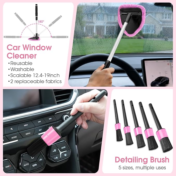 25pcs Car Cleaning Kit, Pink Interior Detailing Kit with High Power Vacuum Portable Cordless, Handheld Vacuum Cleaner for Home, Car, Pet Hair, Keyboard, Complete Auto Accessories for Gift