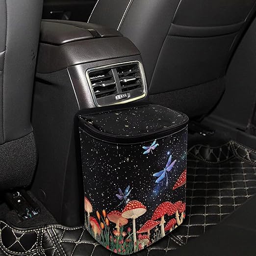 Mushroom Dragonfly Car Trash Can Auto Garbage Bag Car Trash Can with Lid Leak-Proof Car Storage Bag Garbage Bag Hanging for Headrest Portable Car Backseat Organizer