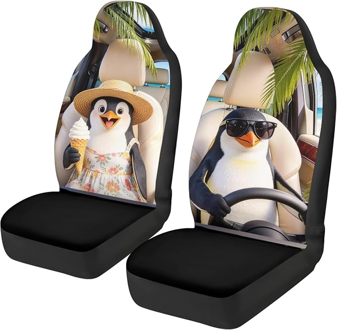 Penguin Front Car Seat Cover 2 Pcs Cute Automobile Front Seat Covers Anti-Slip Back Fabric Protection Interior Accessories Universal Fit for Most Cars SUVs and Sedans