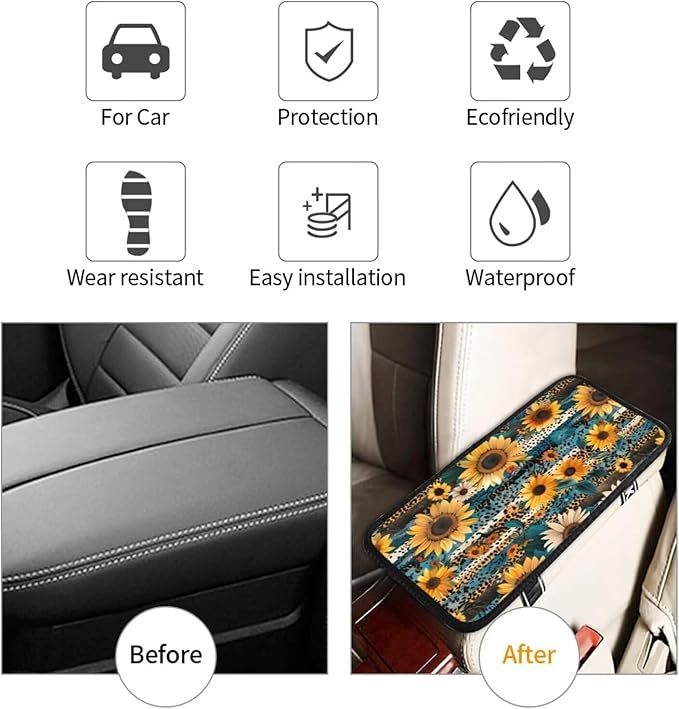 Center Console Cover for Truck Van Sedans Leopard Sunflower Armrest Cushion Protector Interior Accessories Stripe Aztec Car Center Console Cushion Pad