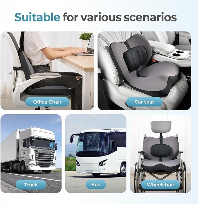 FLORICH 2 in1 Truck Seat Cushion and Lumbar Support Pillow Memory Foam Car Seat Cushion with Adjustable Strap for Truck Driver Long Drives, Fits Semi Truck Seat,Car,Office&Gaming Chair(Black)