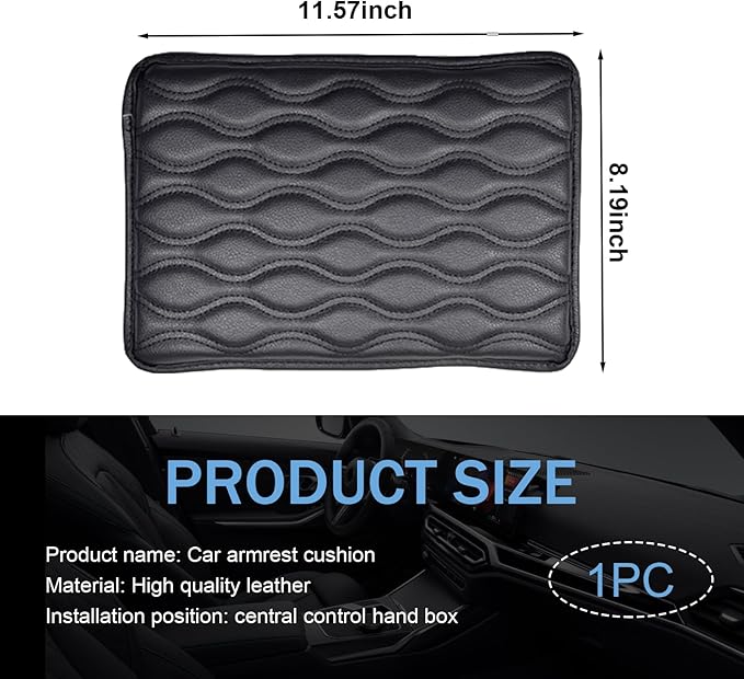 Car Center Console Cover, 11.57 x 8.19IN Leather Armrest Seat Box Cover Pad, Comfortable Waterproof Arm Rest Cover Protector, Car Interior Accessories, Universal for SUV, Truck (Black)
