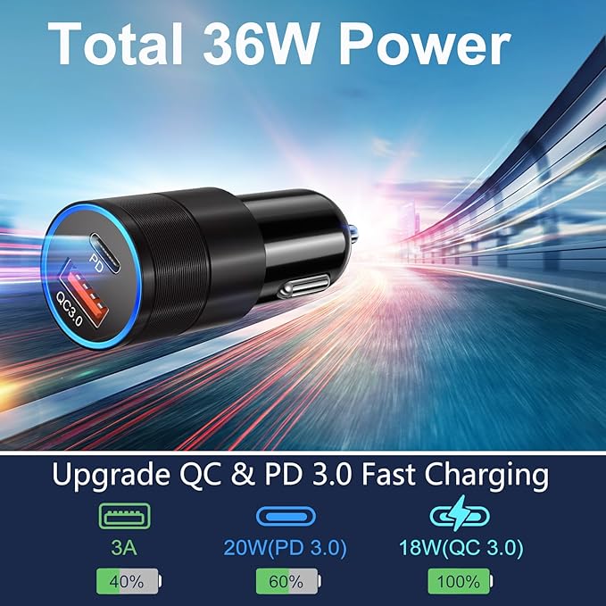 Car Charger USB C, 2 Pack 36W Dual Ports USB-A & USB-C Car Charger Adapter QC/PD 3.0 Fast Charging Cigarette Lighter Phone Plug for iPhone 17 16e 15 Pro Max Galaxy Pixel Android Cargador para Carro
